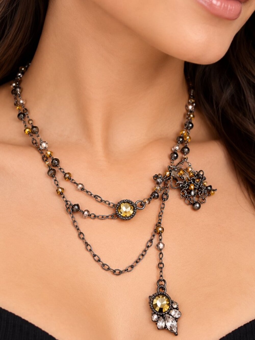 Gunmetal Layered Crystal Statement Necklace